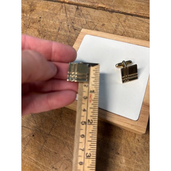 Gold Tone Geometric Square Cufflinks With Abstract Line Design - Picture 4 of 6